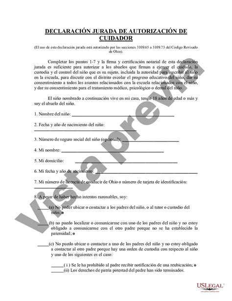 Ohio Declaración Jurada De Autorización De Cuidador Declaración