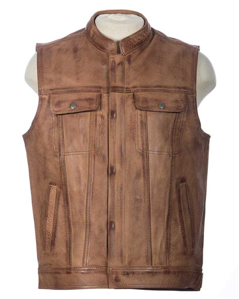 Mens Brown Leather Vest Motorcycle Riding Vest Cands