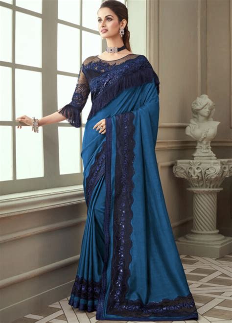 Blue Fancy Silk Saree With Fringe Detail Sarees Designer Collection