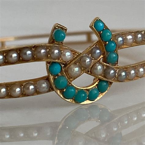 Victorian Horseshoe Turquoise And Seed Pearl 15k Gold Bracelet For Sale