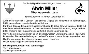 Traueranzeigen von Alwin Miller Schwarzwälder Bote Trauer