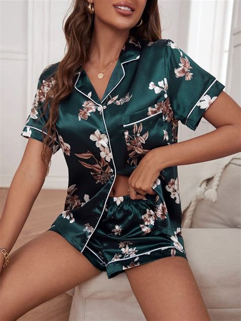 Floral Print Contrast Piping Satin PJ Set Pajama Set SHEIN USA