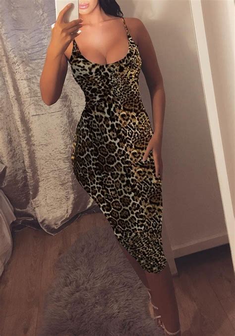 Black Leopard Print Spaghetti Strap Backless Bodycon Party Midi Dress