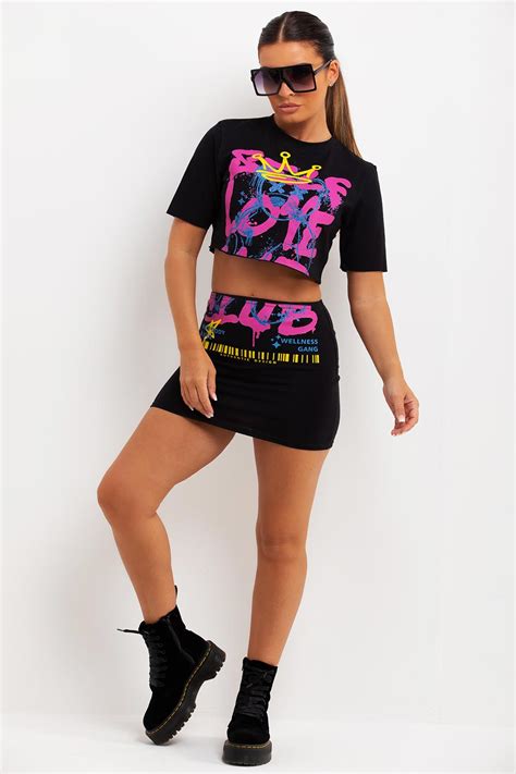 Crop Top Skirt Co Ord With Self Love Print Club Neon Festival Outfit Uk