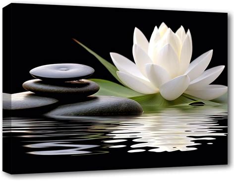 LZIMU Zen Canvas Wall Art White Lotus And Black Zen Stones Bloom In