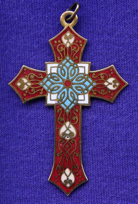 Vibrant Art Nouveau Champlevé Enamel Antique Cross Pendant Vibrant