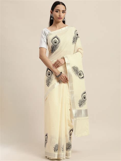 Buy Thara Saree Off White Ethnic Motifs Pure Cotton Kasavu Sarees