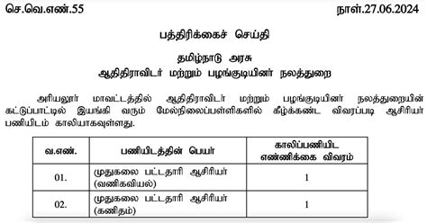 Adi Dravidar And Tribal Welfare School Ariyalur Recruitment 2024