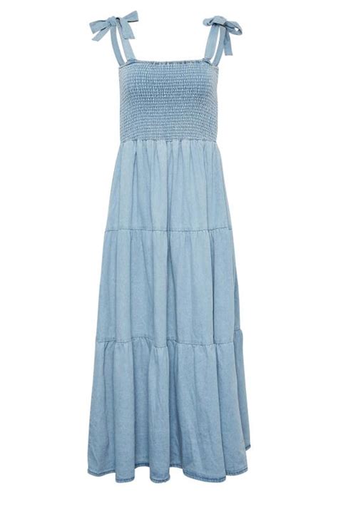 Lts Tall Women S Blue Denim Shirred Tiered Midi Dress Long Tall Sally