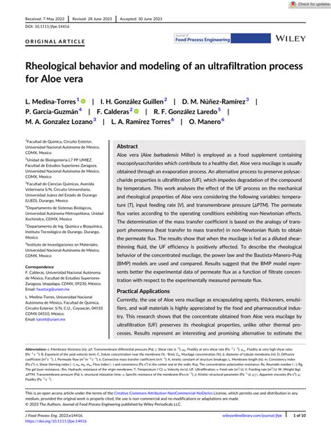 PDF Rheological Behavior And Modeling Of An Ultrafiltration Process