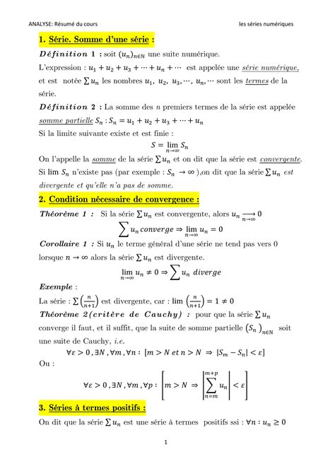 Résumé De Cours Des Séries Numériques Espace