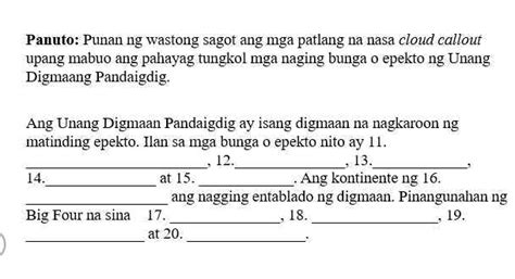 Panuto Punan Ng Wastong Sagot Ang Mga Patlang StudyX