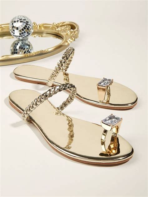 Metallic Rhinestone Decor Braided Thong Sandals Gold Party Rhinestone