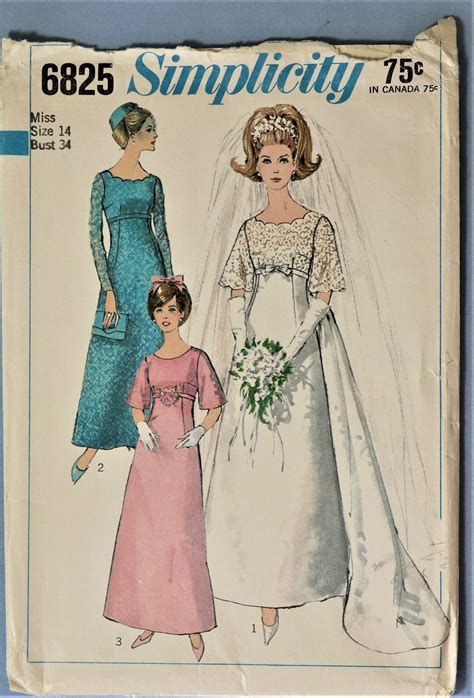 Simplicity 6825 Vintage 1966 Bridal Gown Pattern Empire Waist Bridal Gown Bridesmaid Dress