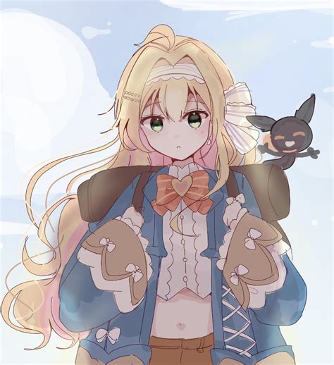 Safebooru 1girl O Backpack Bag Blonde Hair Blue Sky Blush Bow Bowtie Clouds Green Eyes