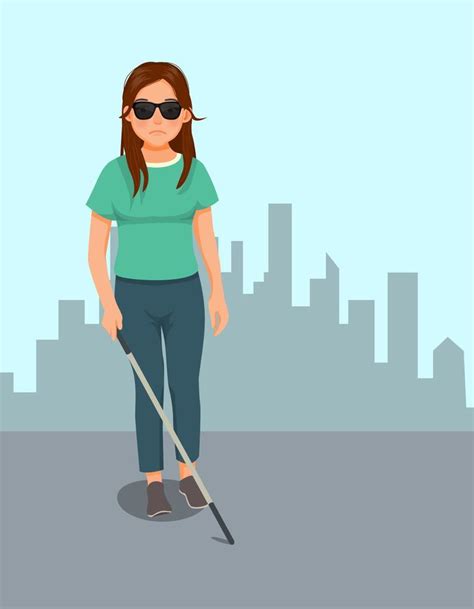 Young Blind Woman In Dark Glasses Walking With A Cane Stick On The