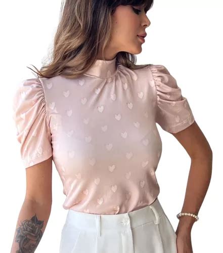 Blusa Corações Rosê Básica Feminina Gola Alta Manga Princesa