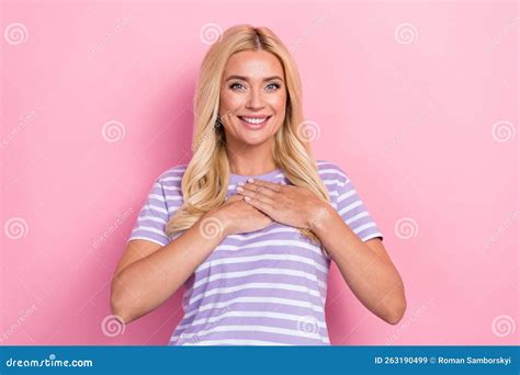 Photo Of Nice Gorgeous Mature Age Blonde Hair Lady Wear Stylish Striped T Shirt Touch Chest