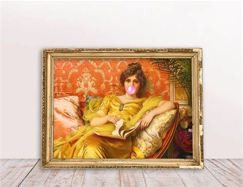 Reading Lady In Yellow Dress With Pink Bubble Gum Horizontal Print