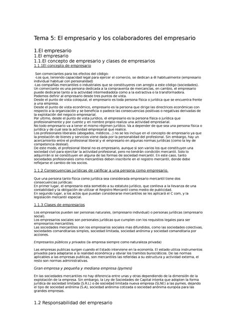 Temas 5 Y 6 Derecho Tema 5 El Empresario Y Los Colaboradores Del