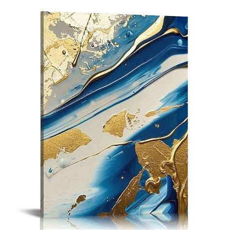 Nawypu Navy Blue And Gold Abstract Wall Art Blue White And Gold Painting Set Of Modern Abstract