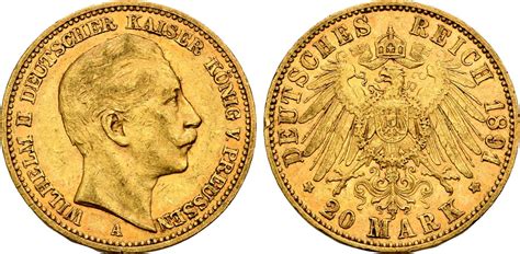 Kaiserreich Preussen 20 Mark GOLD 1891 A Wilhelm II 1888 1918 VF