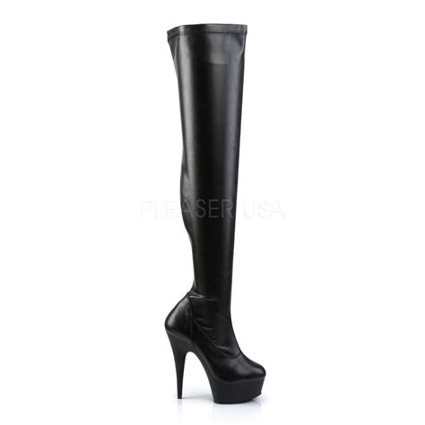 Pleaser Delight 3000 Black Stretch Pu Black Matte Thigh High Boots