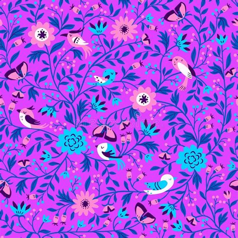 Birds And Flowers Vector Hand Drawn Seamless Pattern On White