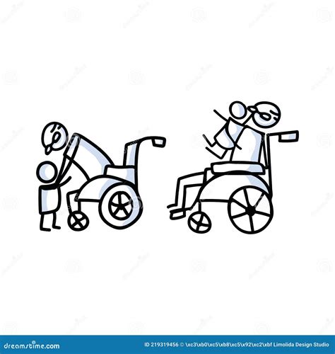 Drawn Stick Figure Of Senior Man Hugging Grandchild In Wheelchair