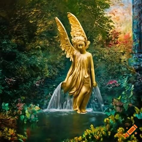 Monet Inspired Painting Of A Victorian Garden With A Gold Angel Statue