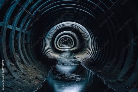 Exploring The Depths Dark Sewer Tunnel With Concrete Walls Flowing