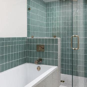 Shower With Vertical Stacked Gray Glazed Tiles Transitional Bathroom