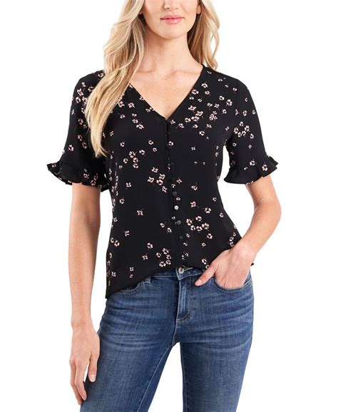 Cece Womens Cascading Florets Short Ruffled Sleeve Top Macys