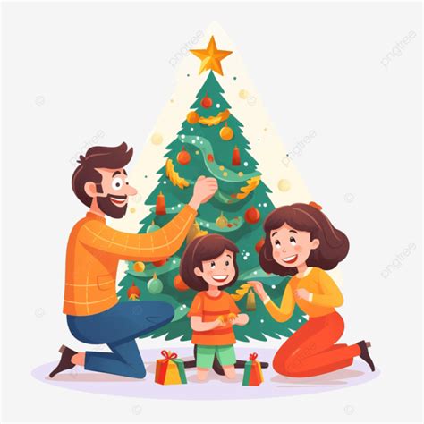 Rbol De Navidad Decorando Familia Feliz Navidad Vacaciones De Invierno