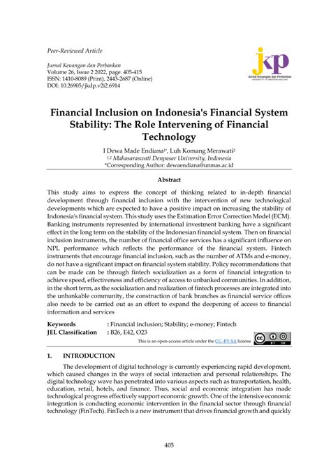 Pdf Financial Inclusion On Indonesias Financial System Stability