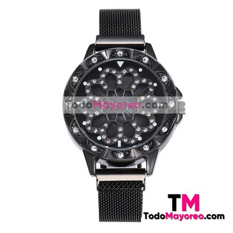 Reloj Extensible Mesh Iman Flor De Loto Giratorio Diamantes Negro R