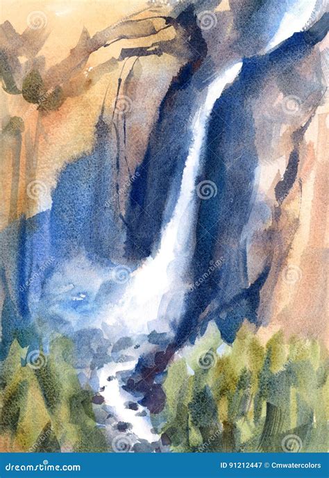 Waterfall Yosemite Falls Landscape Watercolor Hand Painted Illustration