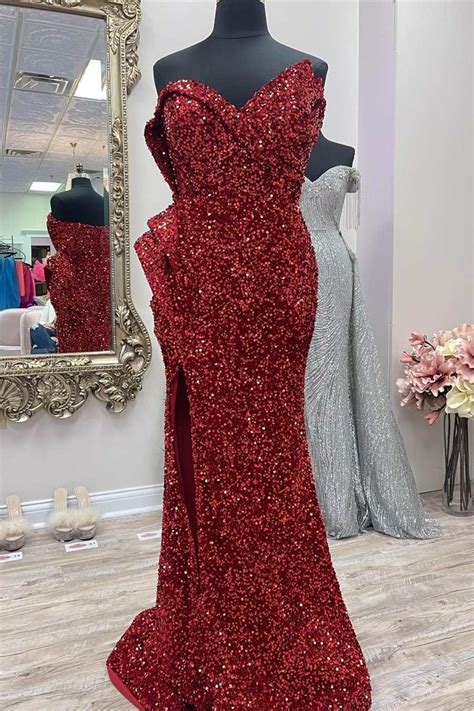 Asymmetrical Burgundy Sequin Strapless Mermaid Long Prom Dress With Sl