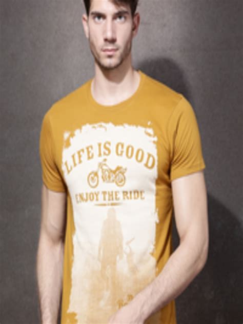 Buy Roadster Mustard Yellow Printed Pure Cotton T Shirt Tshirts For