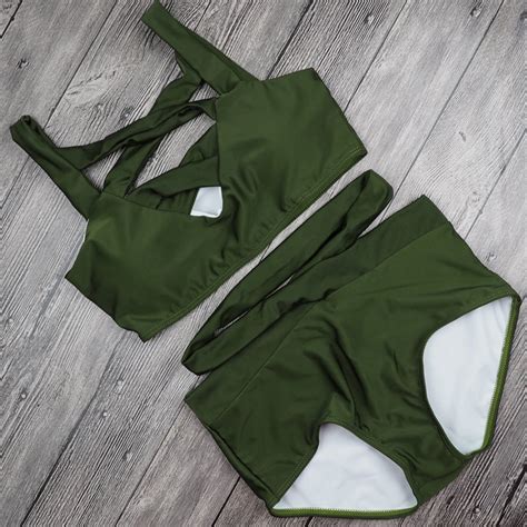 Best Price High Waist Bikini Women Push Up Swimwear Green Black