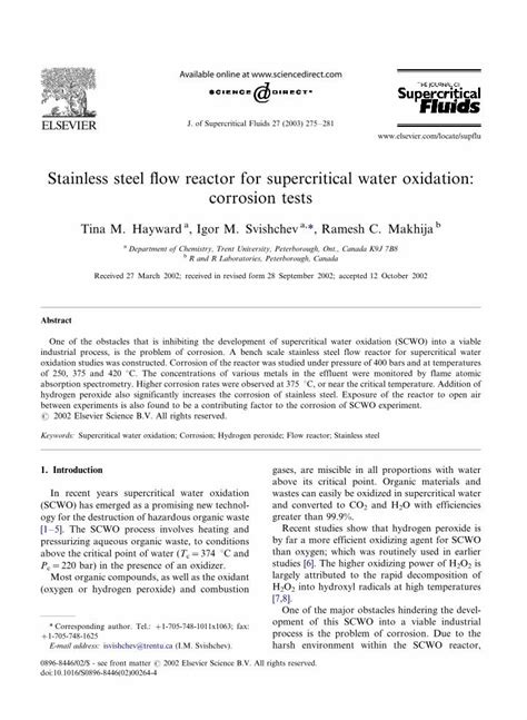 Pdf Stainless Steel Flow Reactor For Supercritical Water Oxidation