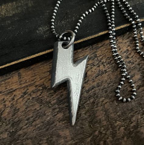 Mens Necklace Lightning Bolt Pendant Handmade Heavy Sterling Silver