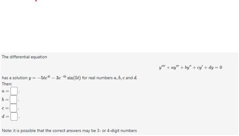 Solved The Differential Equation Y′′′′ Ay′′′ By′′ Cy′ Dy 0