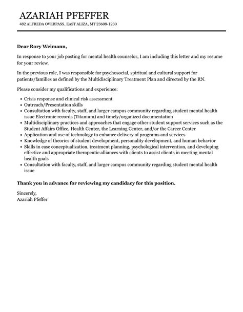 Mental Health Counselor Cover Letter Velvet Jobs