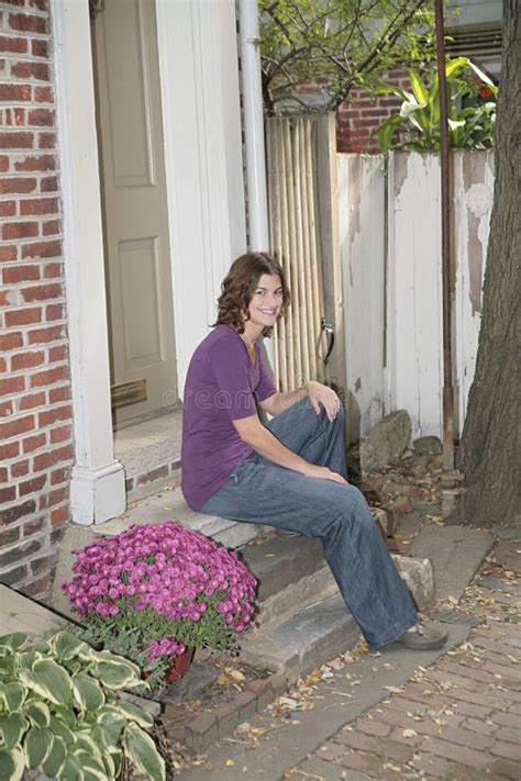 Pretty Brunette Relaxing Stock Photo Image Of Porch Color