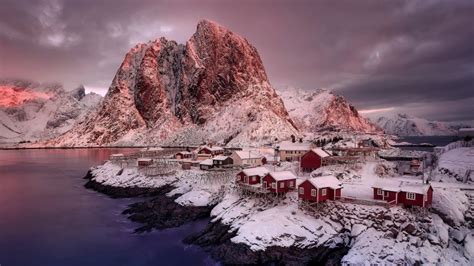 Nature Mountain P Snow Norway Winter Lofoten Islands Red