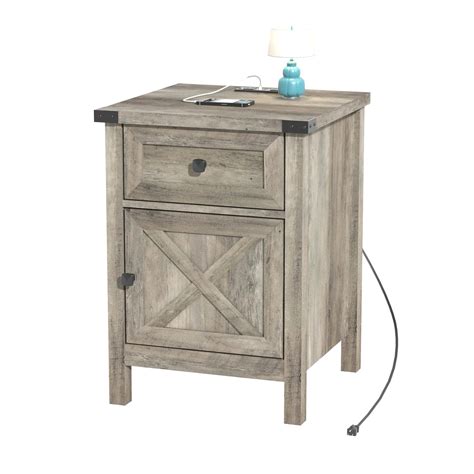 Farmhouse Nightstand With Charging Station Rustic End Table With Barn