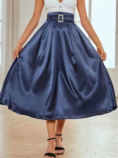 Pleated Satin Swing Midi Skirts Elegant Solid High Waist Temu