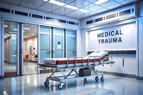 Modern Medical Trauma Center Interior With An Empty Hospital Stretcher