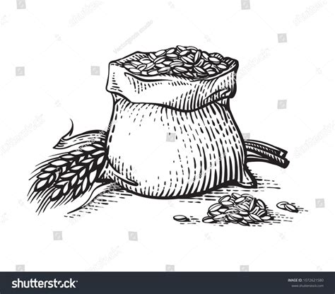 Hand Sketched Whole Bag Of Wheat Flour And Grains Isolated On White